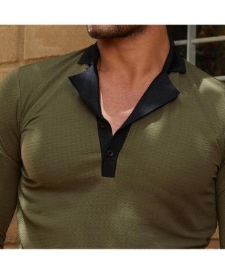 Men's Olive Green & Obsidian Black Textured Cuban Polo T-Shirt