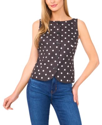 CeCe - Women's Boat-Neck Button-Down Polka Dot Top