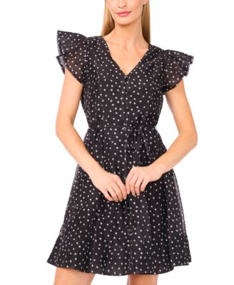 Women's Polka Dot Tie Waist Flutter-Sleeve Mini Dress