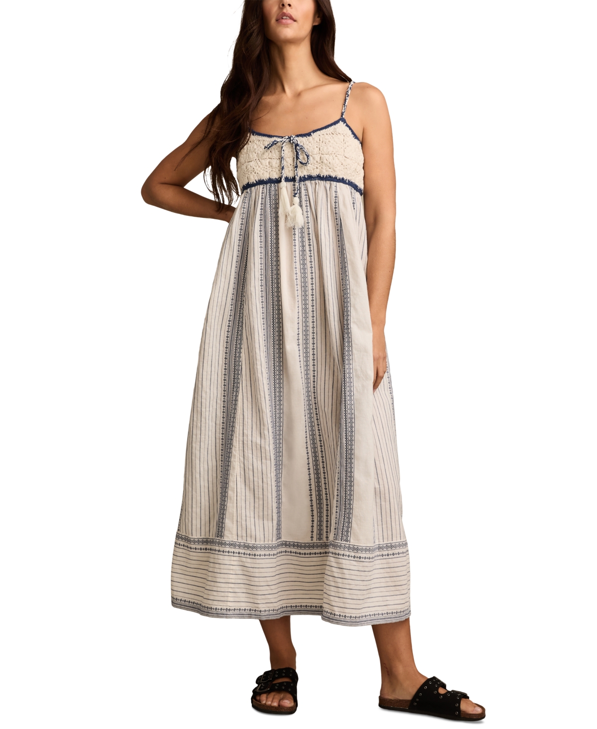 Women's Crochet Bodice Cotton Maxi Dress - Cream And Navy Jacquard