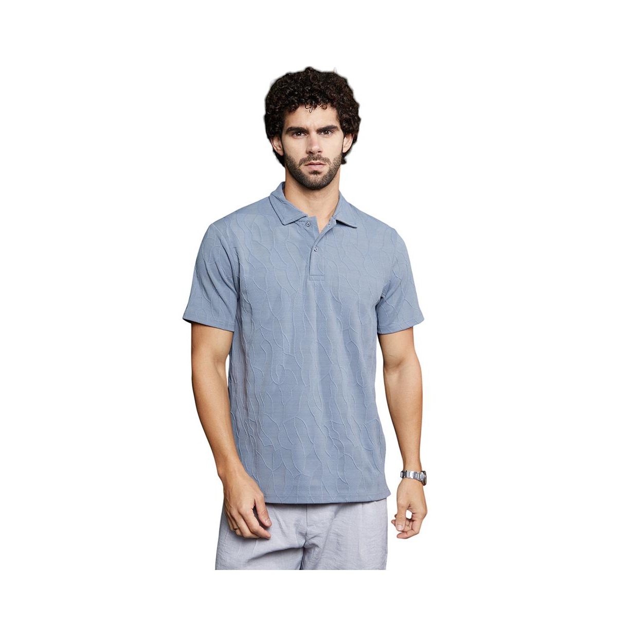 Men's Powder Blue Veined-Tactile Polo T-Shirt - Blue