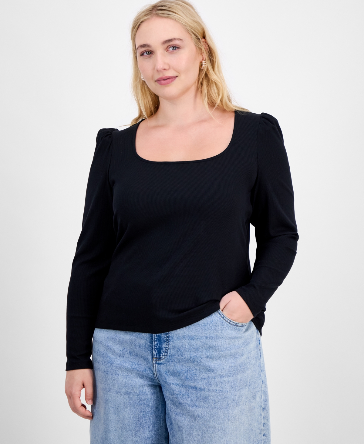 On 34th Trendy Plus Long-sleeve Square-neck Top, Exclusively At Macy's In Black