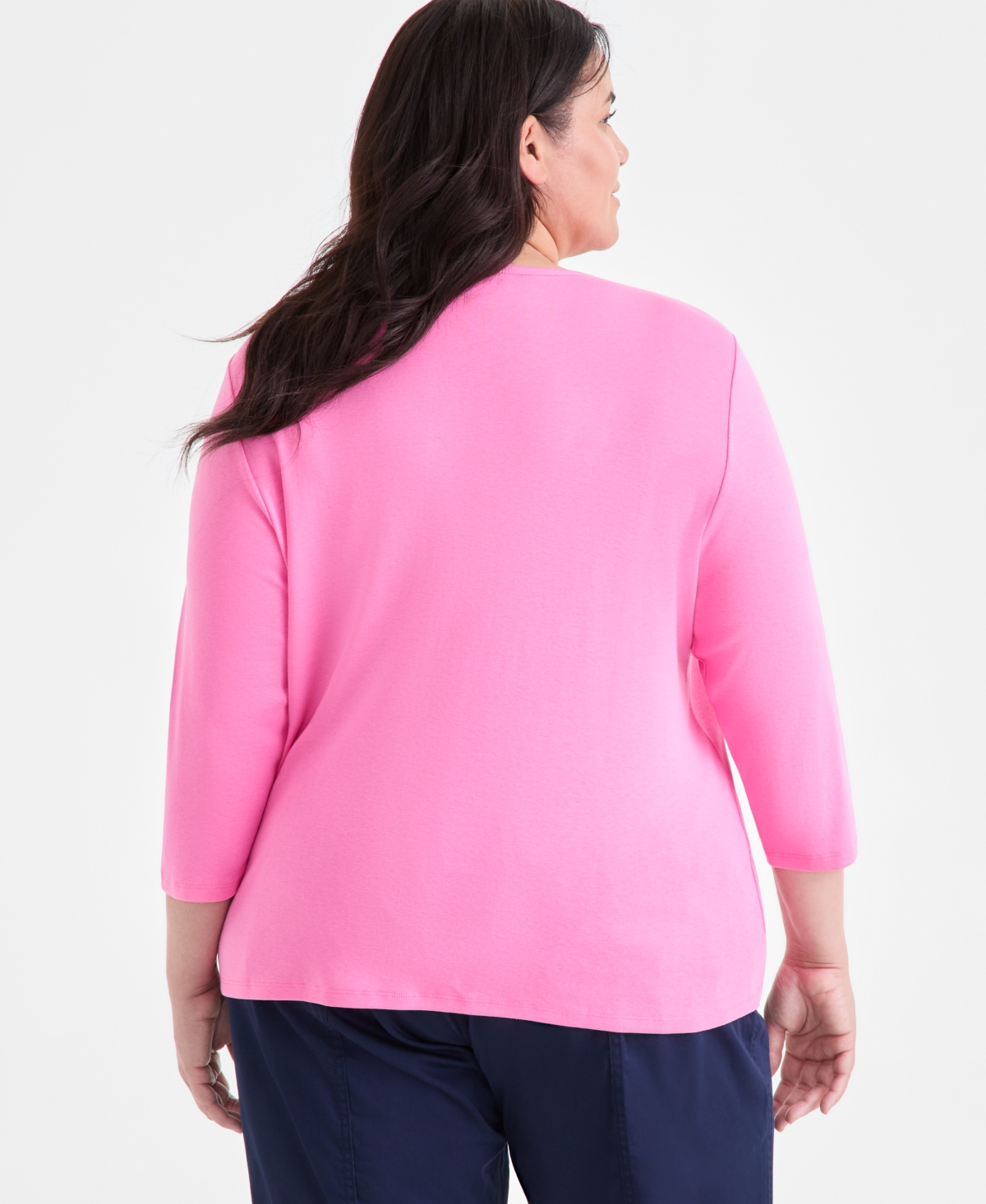 Style & Co Plus Size Cotton V-neck 3/4-sleeve Top, Exclusively At Macy's In Pink