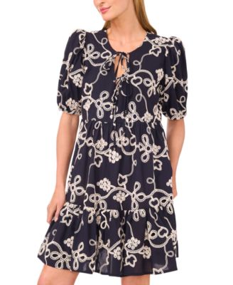Women's Tie-Neck Embroidered Tiered Short-Sleeve Dress