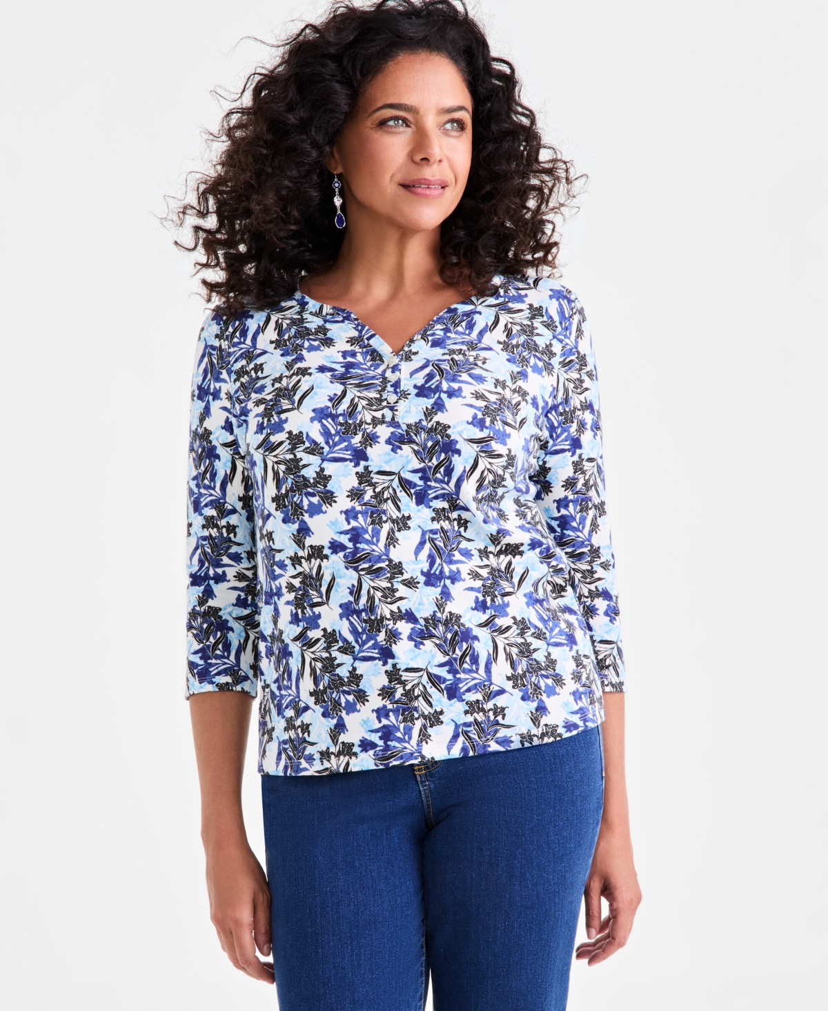 Women's Printed 3/4-Sleeve Henley Knit Top, Exclusively at Macy's - Blue Leaves
