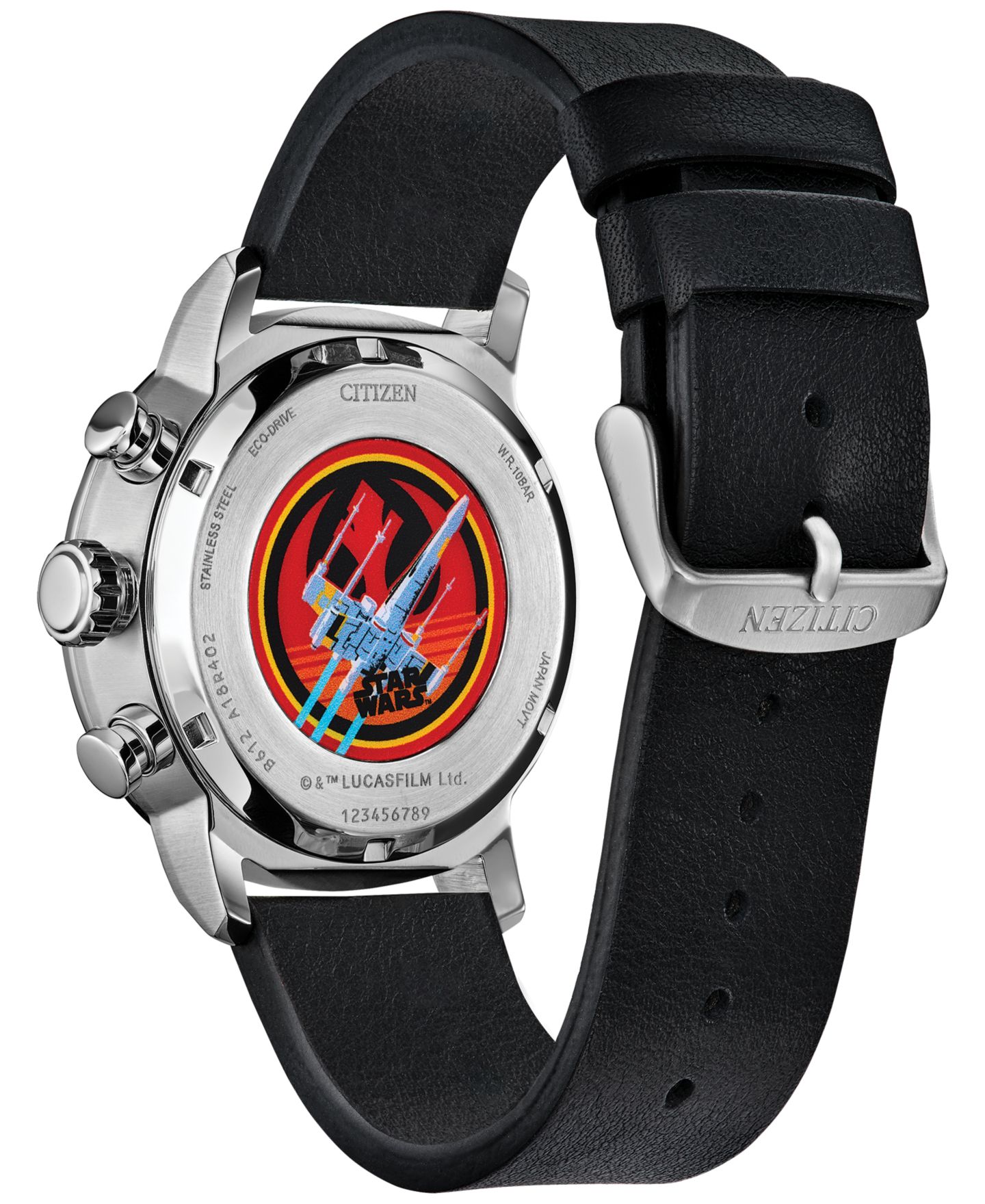 Мужские часы Citizen Eco-Drive Chronograph Star Wars Rebel Starfighter Black Leather Strap Watch 44mm Box Set — фото 3