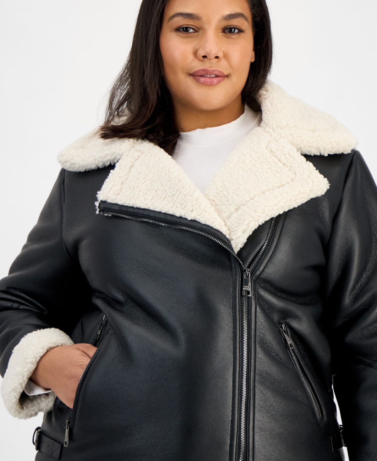 Steve Madden Plus Size Asymmetric Faux-shearling Coat In Black