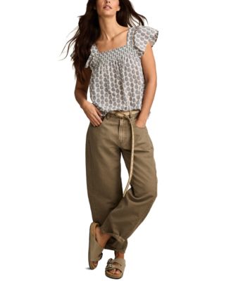 Women's Square-Neck Smocked Cotton Peasant Top