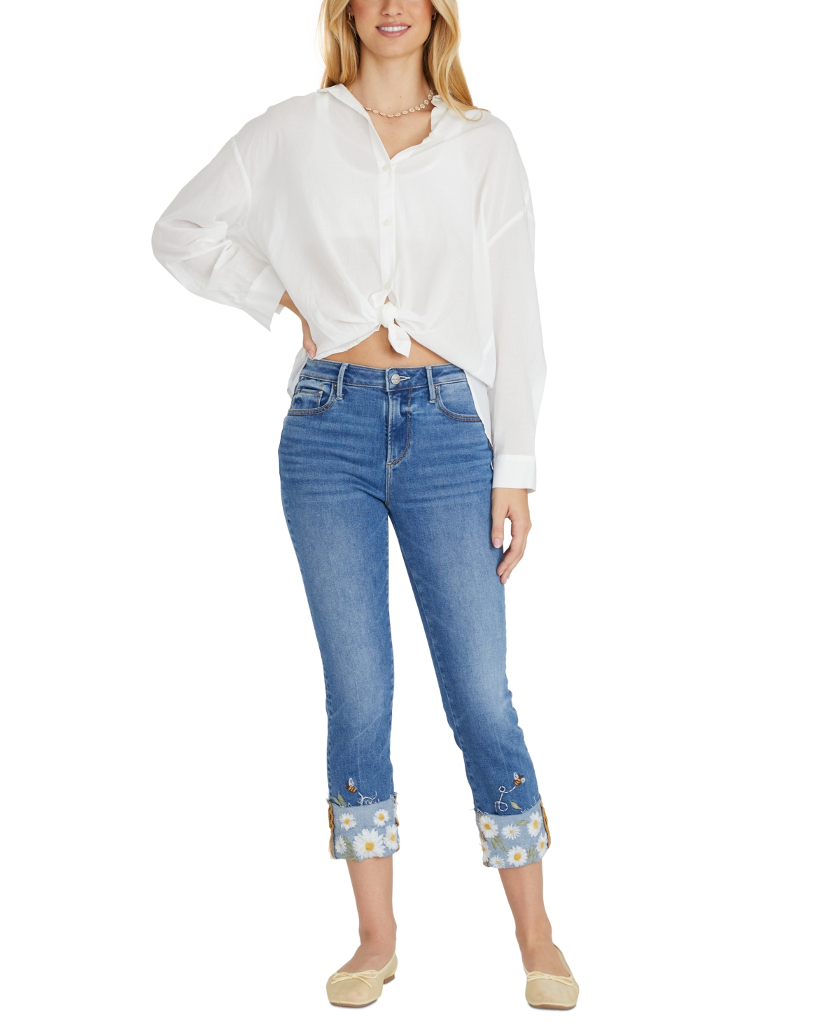 Women's Colette Daisy Bee Daze Cuffed Cropped Cotton Jeans - Medium Wash