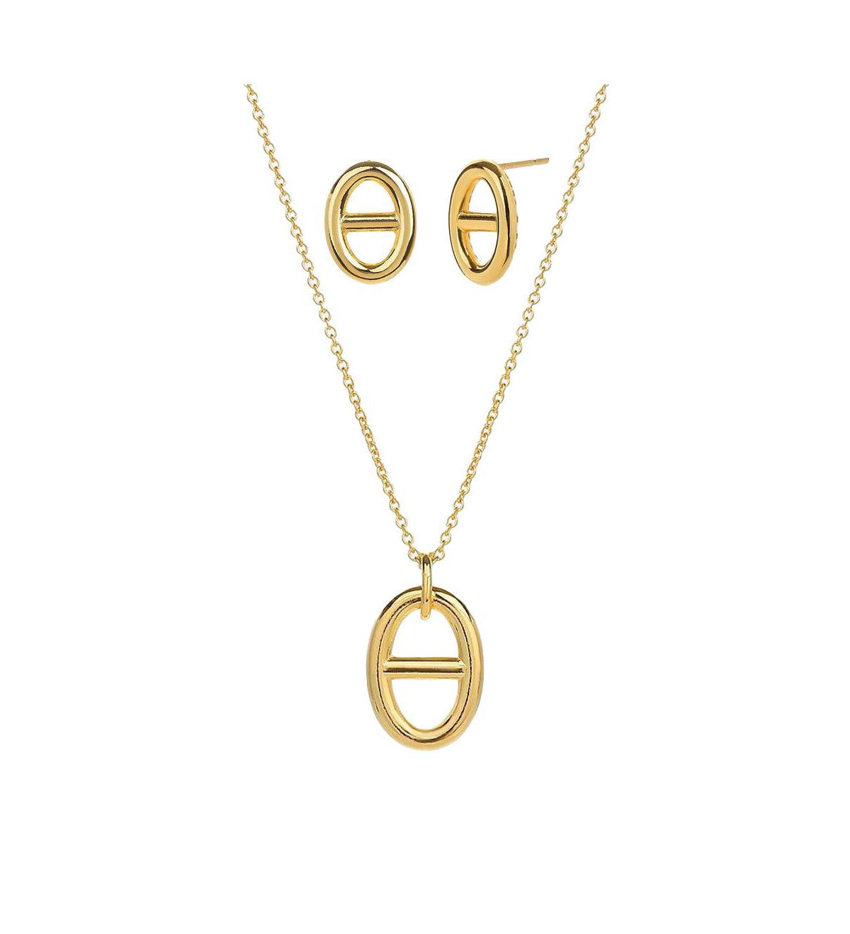 Sterling Silver 18k Gold Plated Erin Circle Necklace & Stud Earrings Set - Gold
