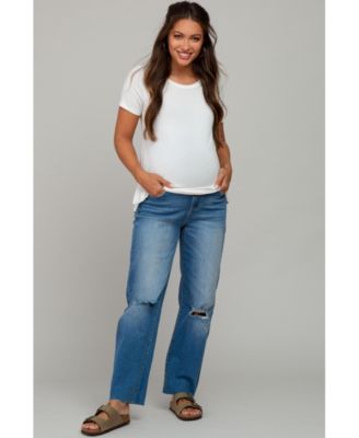 Maternity Blue Straight Leg Frayed Hem Jeans