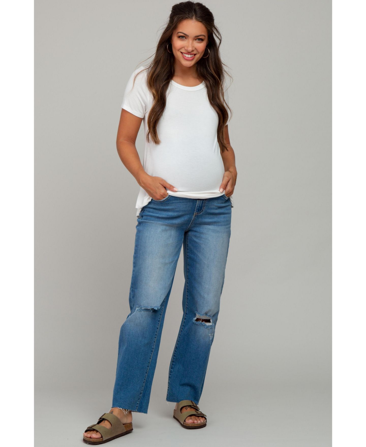Женские джинсы Pinkblush Blue Straight Leg Frayed Hem, цвет: Синий — фото 7