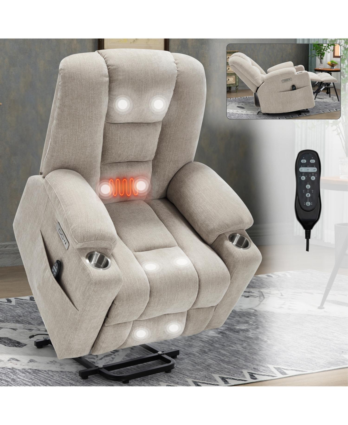 Streamdale Furniture Power Lift Recliner w/ Massage & Heat, Usb, Cup Holders - Beige