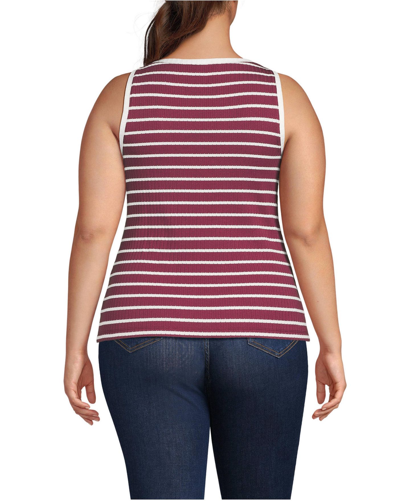Женский топ Lands' End Plus Size Pointelle Rib UNeck, цвет: Бордовый / Слоновая кость полосатый — фото 2