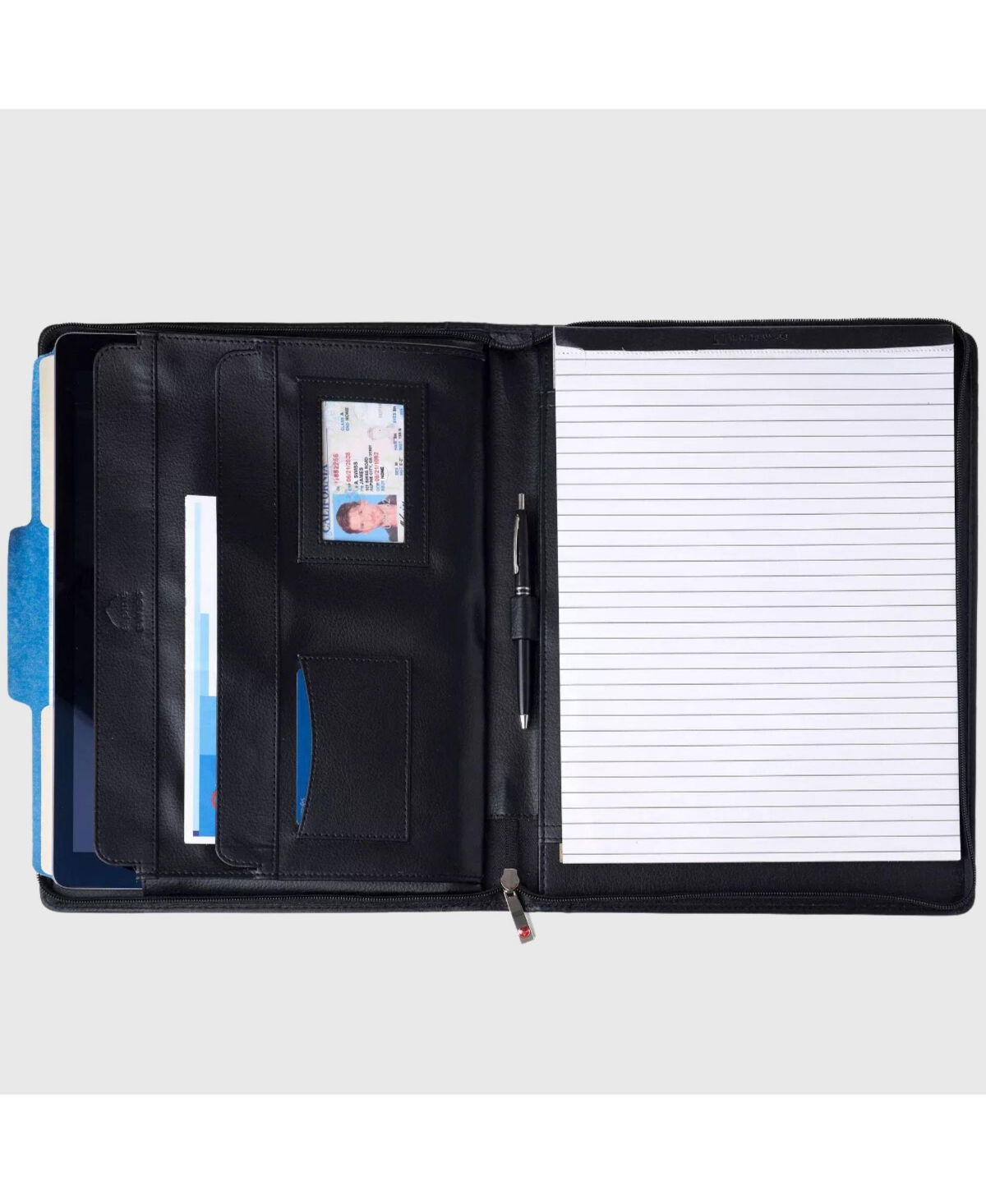Leather Zippered Writing Pad Portfolio Business Briefcase Organizer - Black
