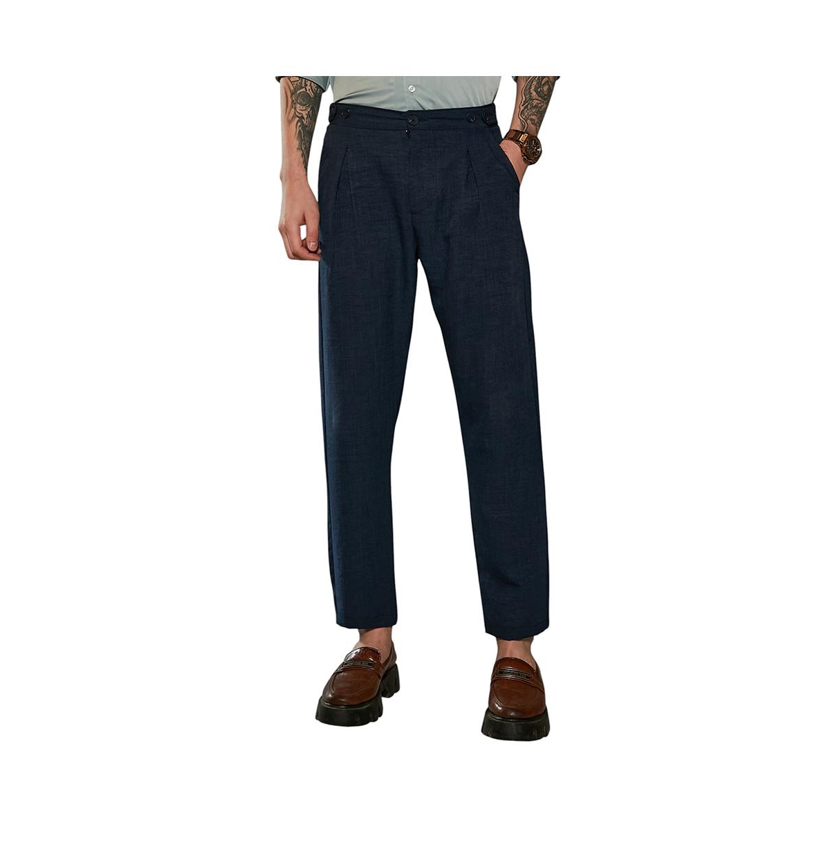 Men's Prussian Blue Pleated Tailored Trousers - Blue