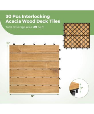 30 PCS Acacia Wood Flooring Tiles 12" x 12" Snap-in-place Patio Tiles for Porch