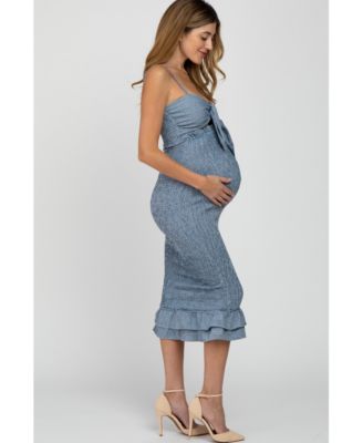 Women's Green Gingham Print Smocked Fitted Self-Tie Maternity Midi Dress