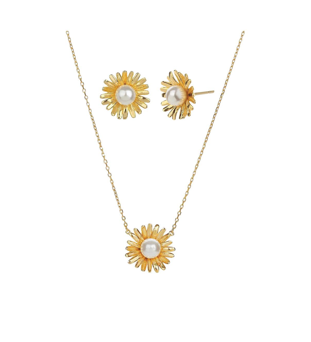 Sterling Silver 18k Gold Plated Flora Culture Pearl Necklace & Stud Earrings Set - Gold