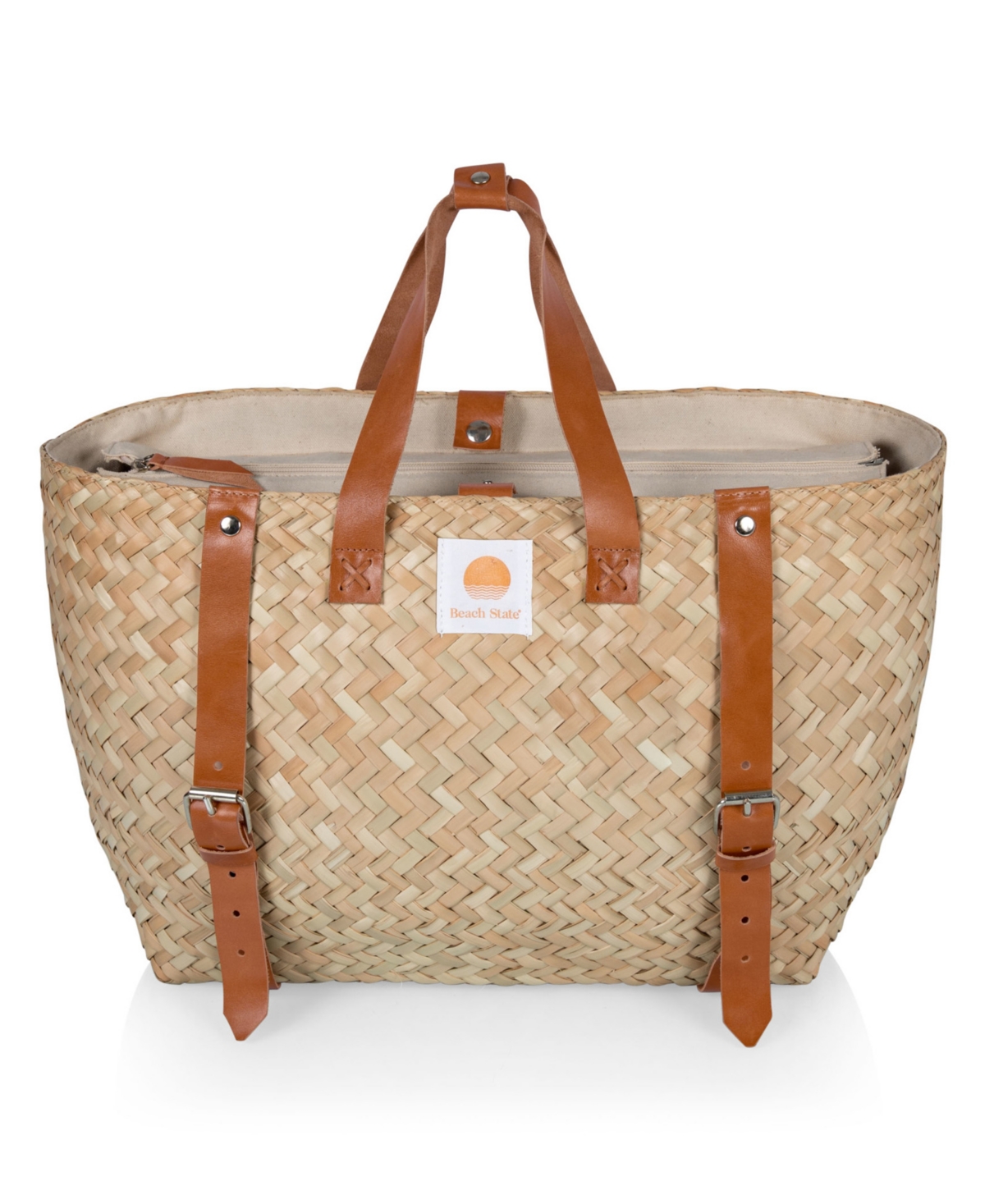 Hermosa Woven Beach Cooler Tote Bag - Beige with Brown Accents
