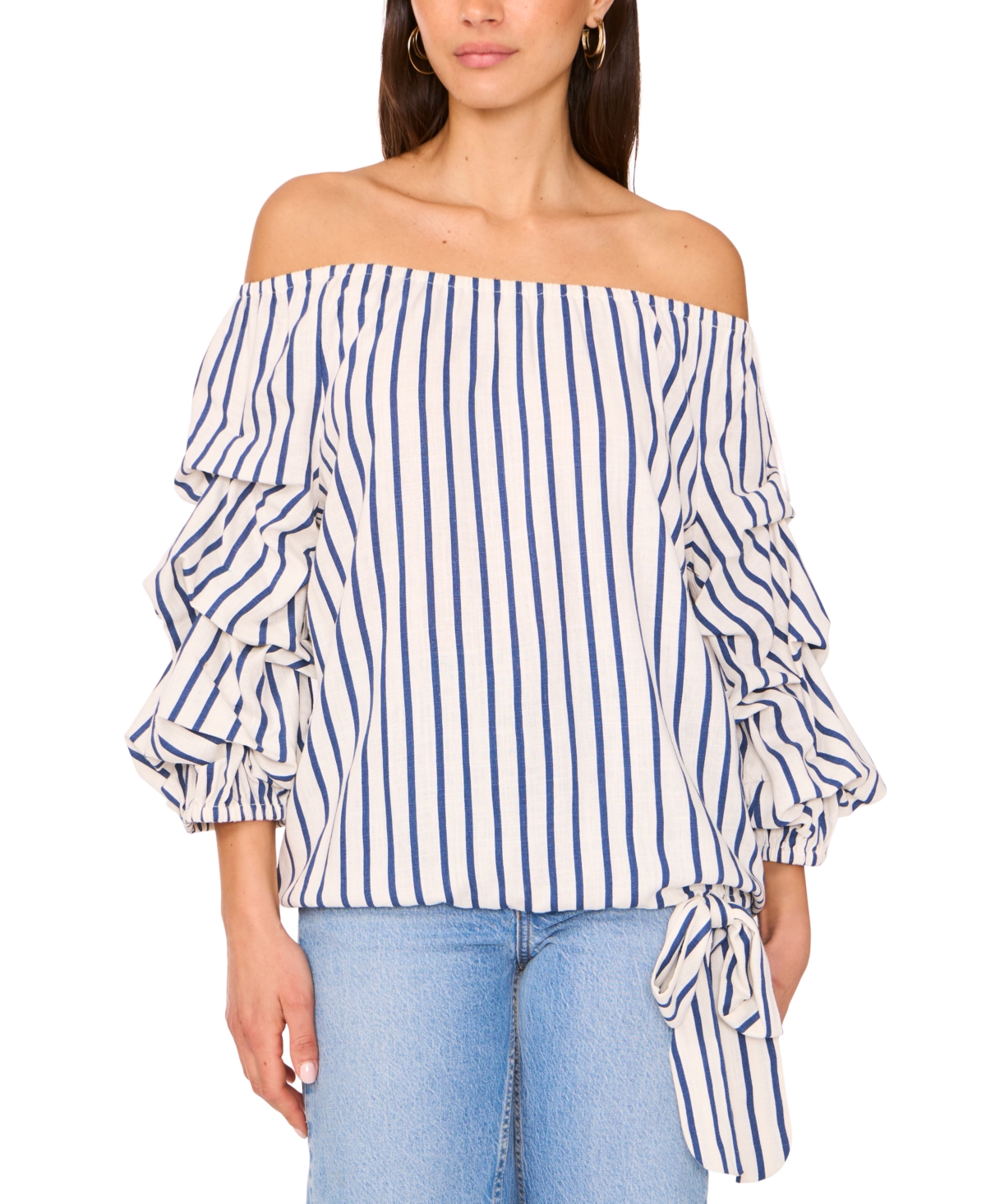 Women's Striped Off-The-Shoulder Bubble-Sleeve Blouse - Denim Navy