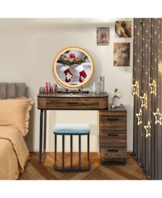 2-Pc. Wood 3-Color Lighted Mirror Vanity Table Set with Charging Station