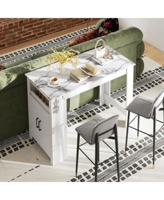 Bar Table Faux Marble Pub Table with 7 Hanging Hooks Compartment