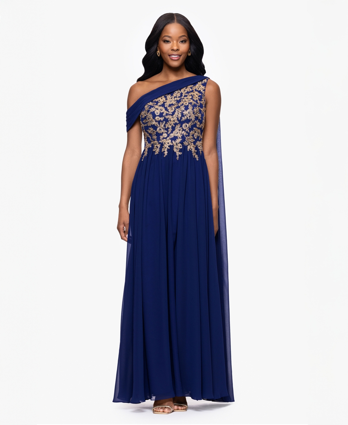 Women's Embroidered Off-The-Shoulder Dress - Royal/Gold