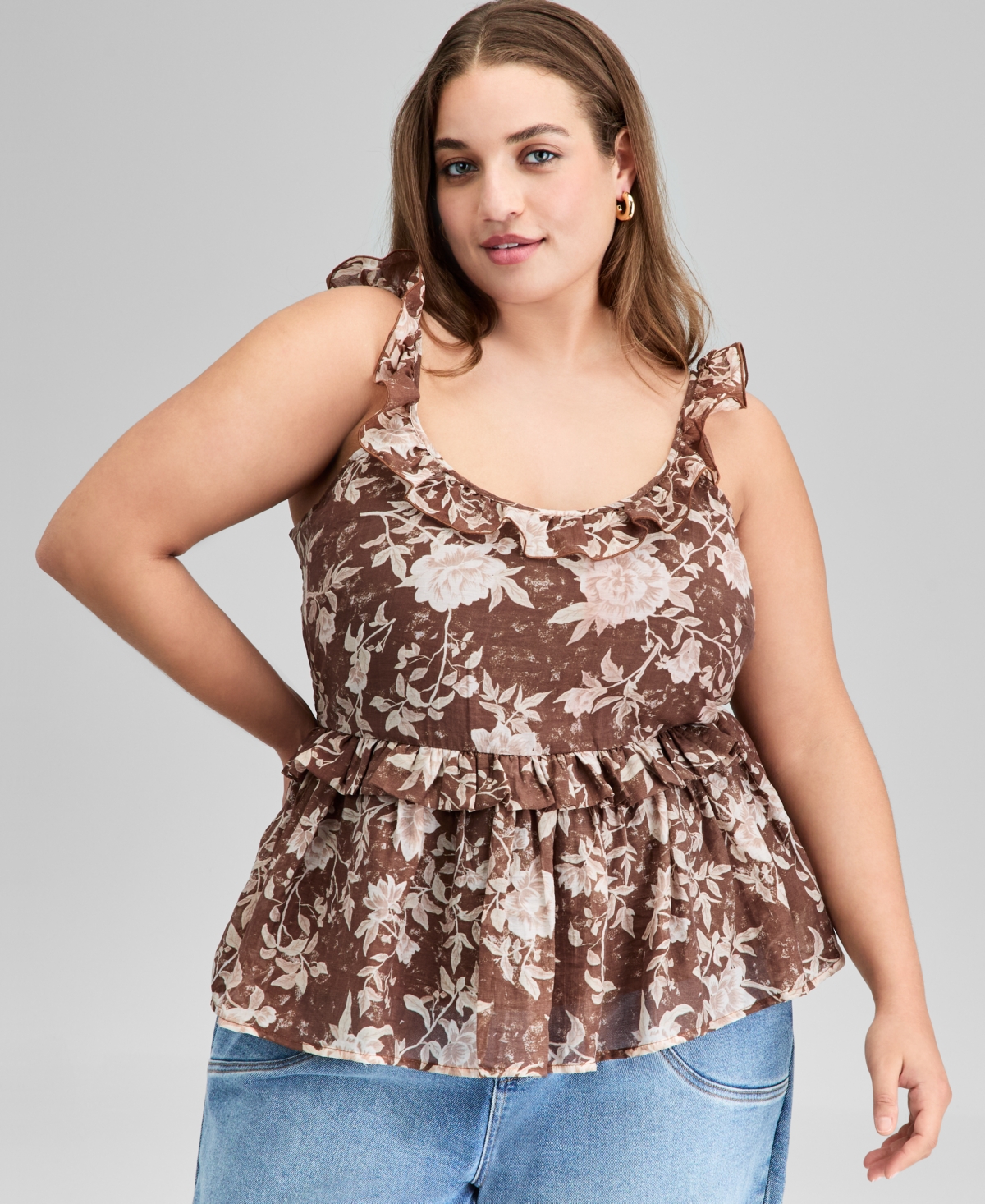 And Now This Plus Size Floral-print Ruffled Top, Exclusively At Macy's In Brown