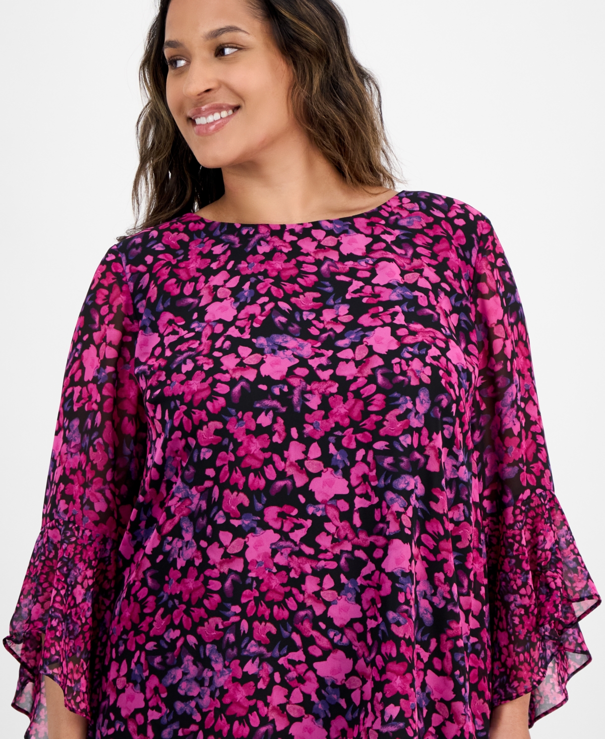 Kasper Plus Size Bell-sleeve Ditsy-print Top