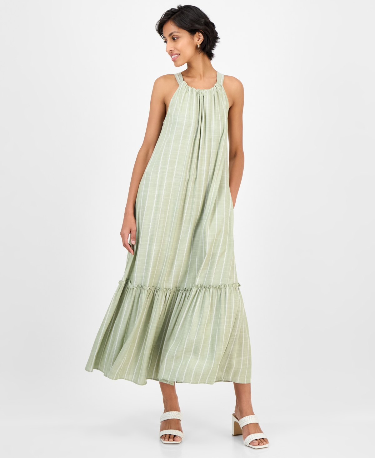 Women's Tie-Back Trapeze Dress - Green Wht