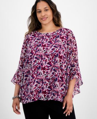 Kasper - Plus Size Printed Ruffle-Cuff Bell-Sleeve Blouse