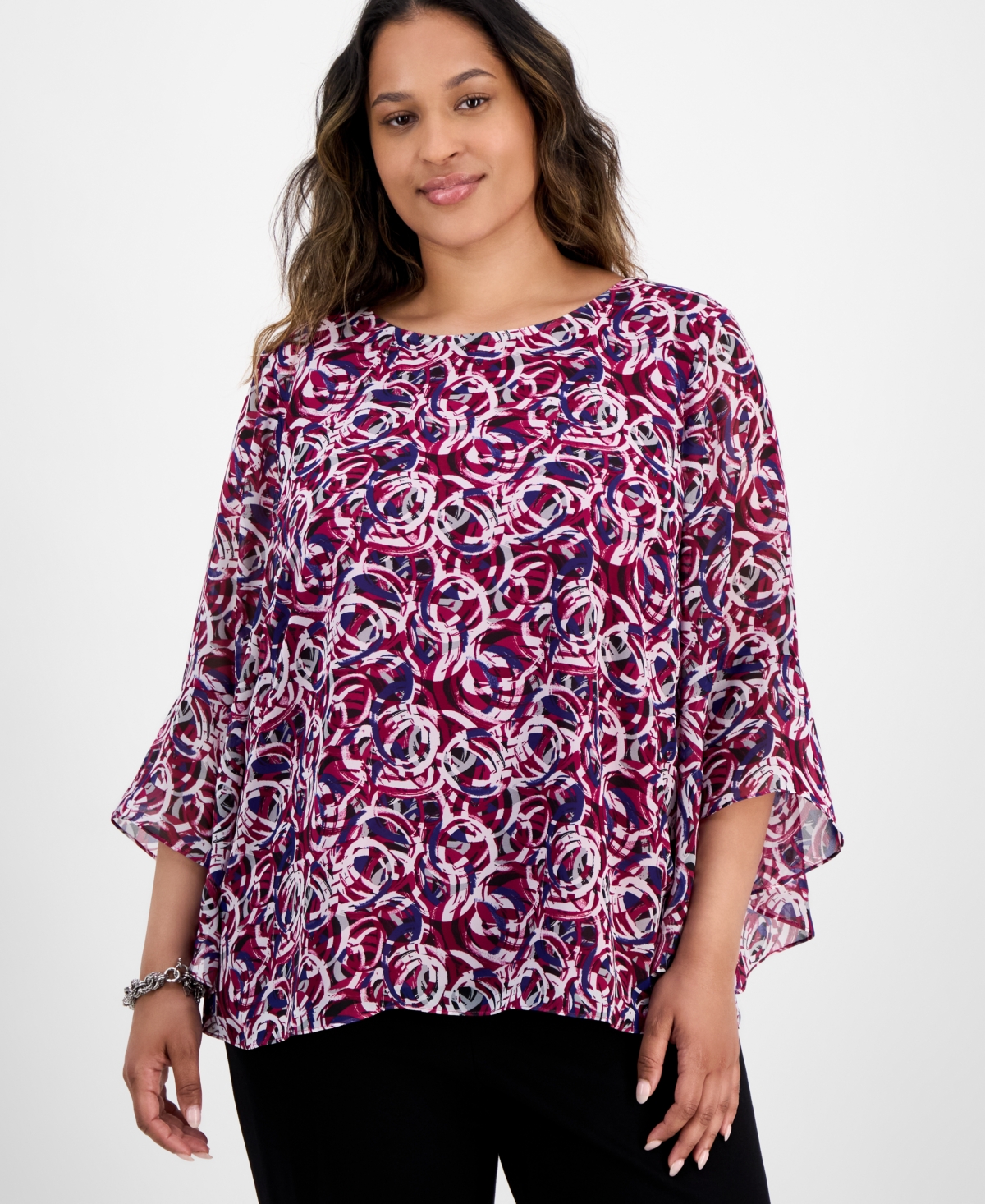 Plus Size Printed Ruffle-Cuff Bell-Sleeve Blouse - Cerise Multi