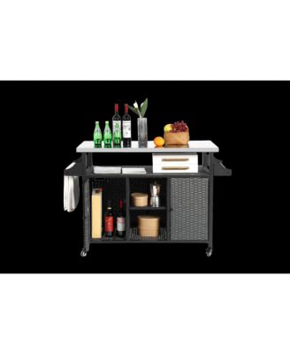 Outdoor Wicker Rolling Cart with Stainless Steel Top