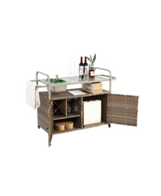 Wicker Bar Cart with Ice Bucket & Steel Top