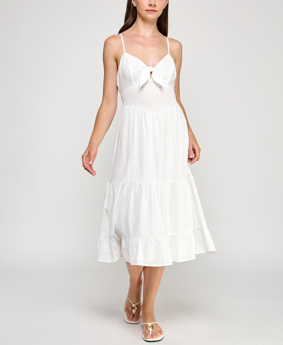 Juniors' Tie-Front Spaghetti-Strap Tiered Midi Dress - White