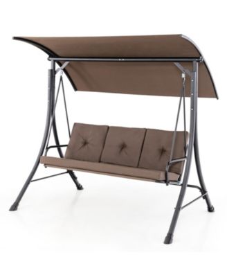 3-Seat Outdoor Porch Swing w/ Adjustable Canopy Thickened Cushions Metal Frame
