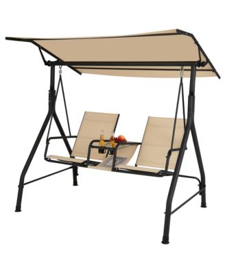 2-Person Porch Swing Adjustable Canopy Swing Chair w/ Tempered Glass Table
