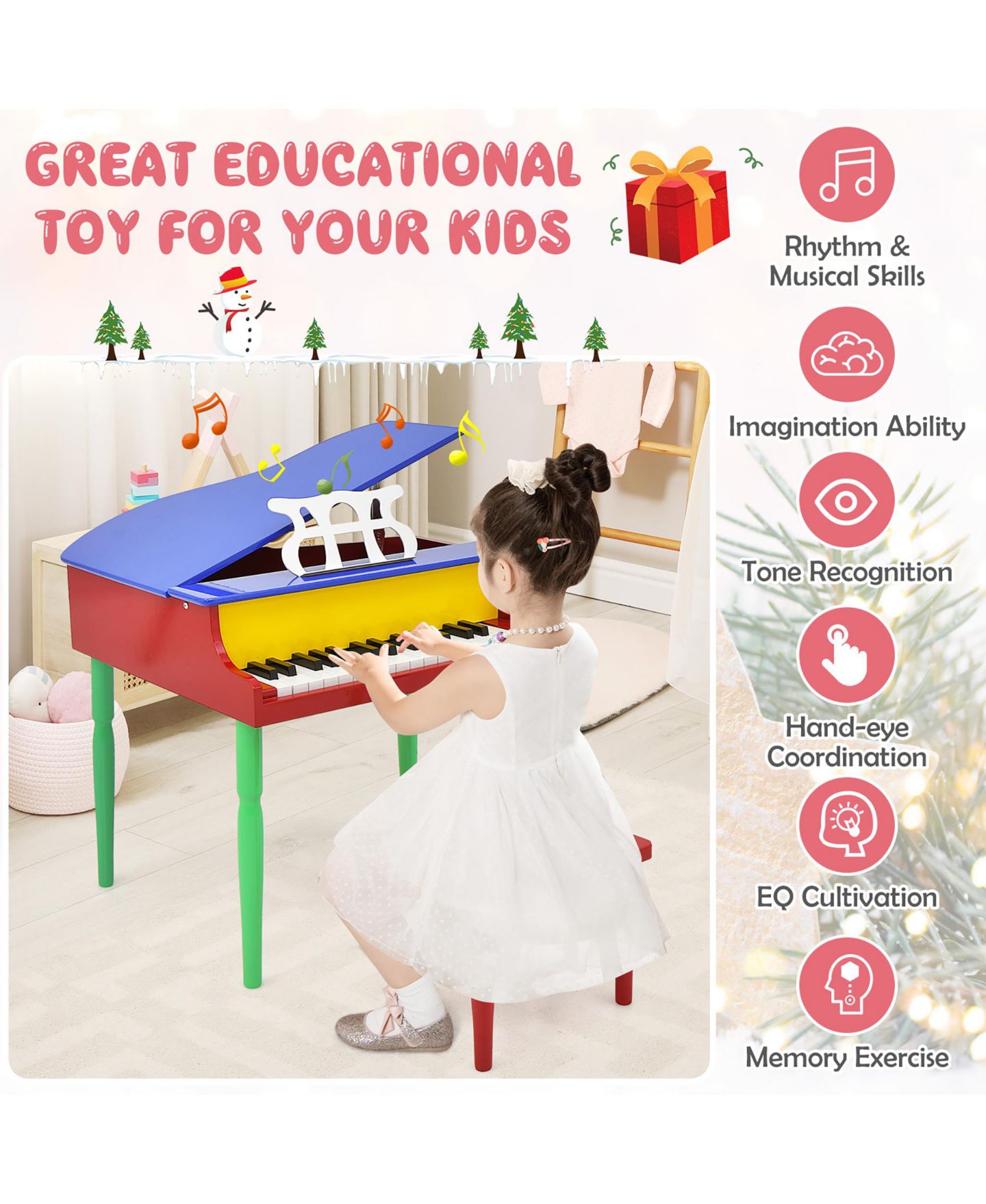 Детские игрушки Gymax 30-Key Wood Grand Piano Music 3-Piece Set, Ages 3+, цвет: Синий — фото 9