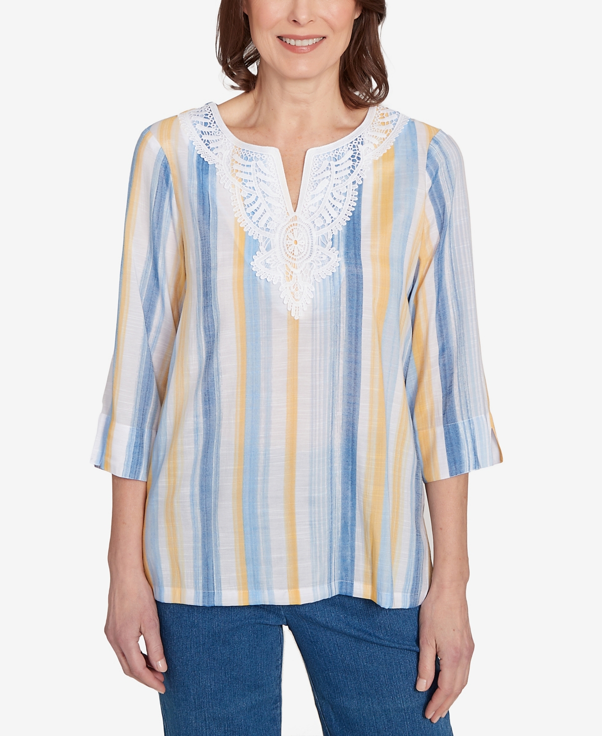 Petite Flower Power Striped Flower Detail Button Front Top - Multi Blue