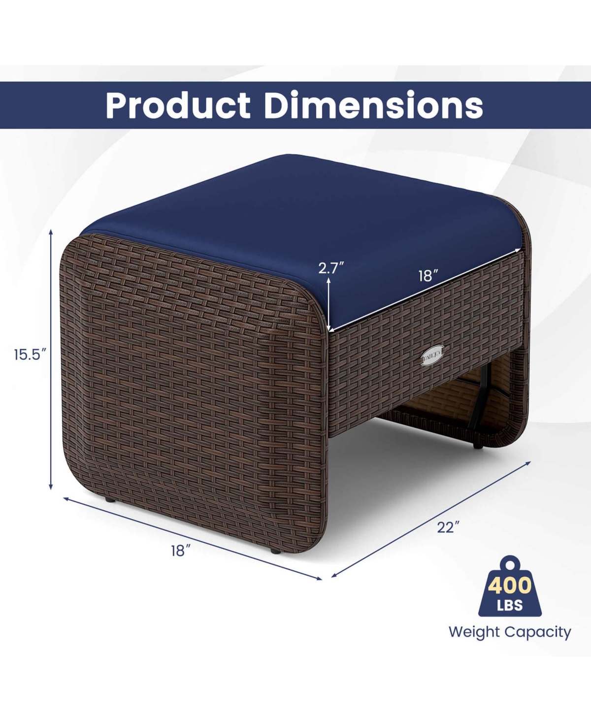2 Pieces Outdoor Patio Pe Wicker Ottomans with Removable Cushions Footstools