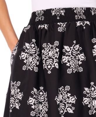 Women's Smocked-Waist Border-Print Midi Skirt