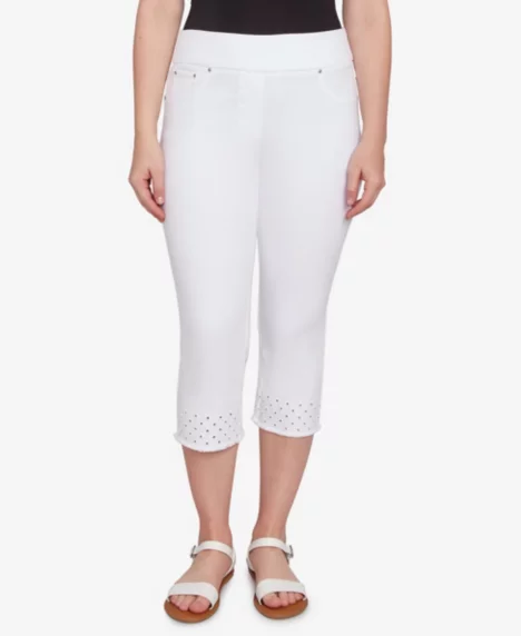 Petite Embroidered Hem Soft Stretch Denim Capri Jeans - White