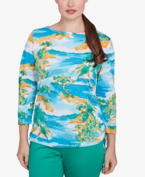 Petite Paradise Island Crinkle Knit Top - Ocean blue multi