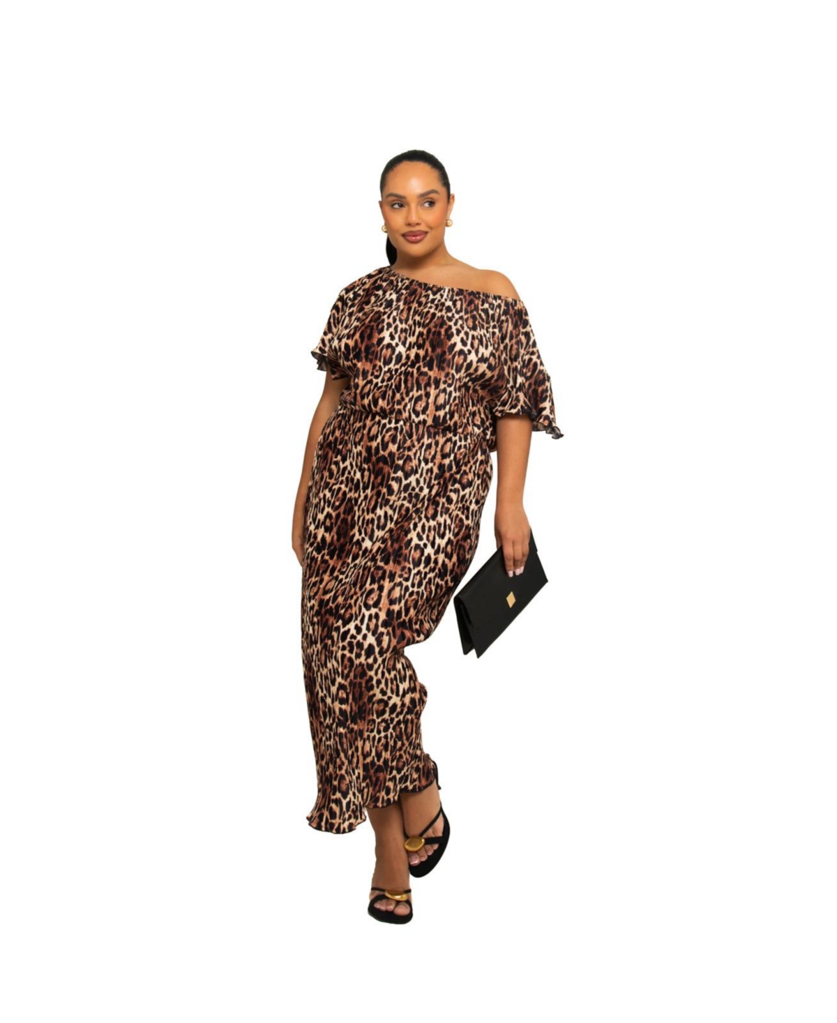 Plus Size Short Sleeve Leopard Plisse Midi Dress - Brown