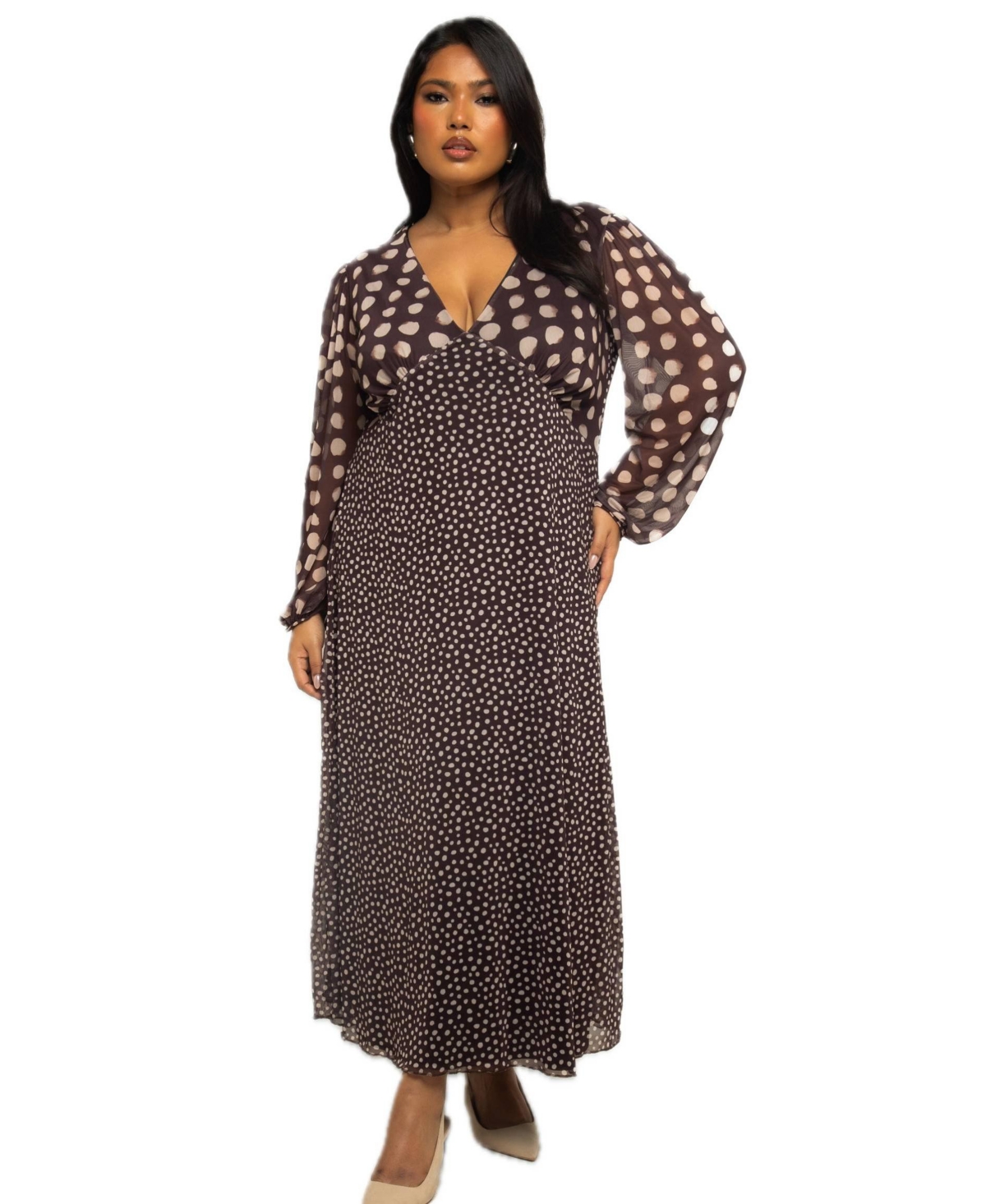 Plus Size Long Sleeve Polka Dot Mesh Midi Dress - Brown