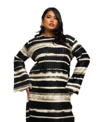 Women's Long Sleeved Striped Plisse Midi Dress