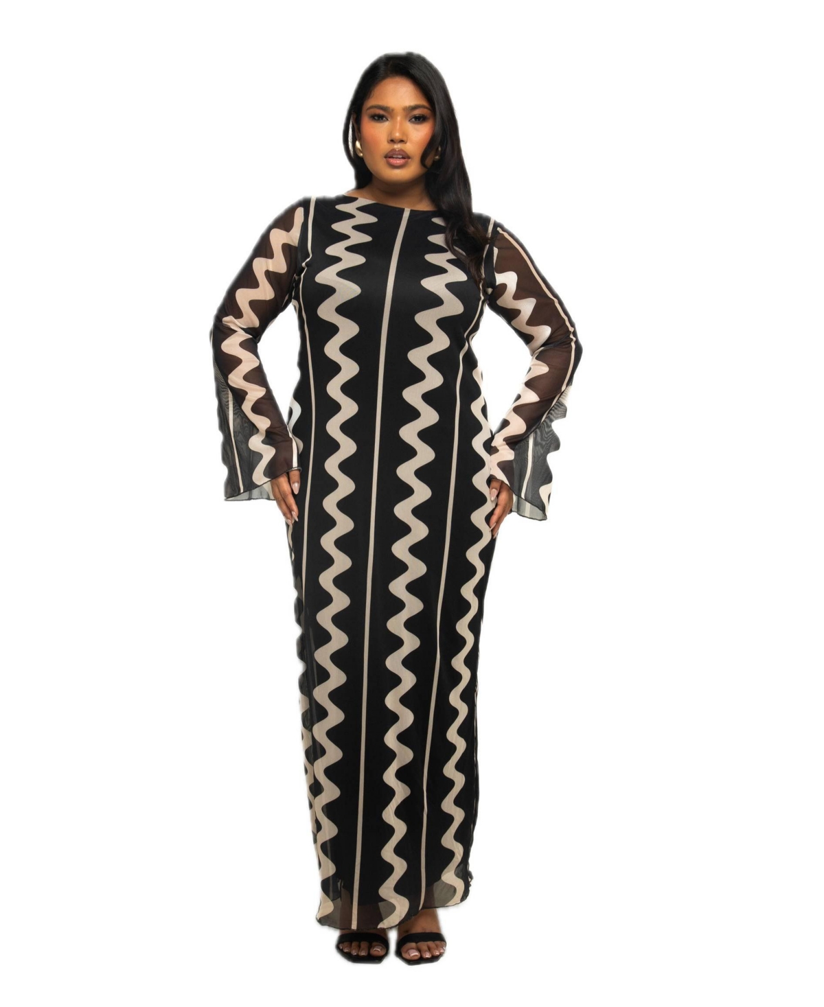 Plus Size Long Sleeve Monochrome Print Maxi Dress - Black