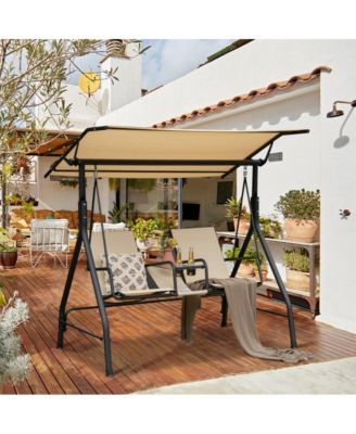 2-Seat Outdoor Cushioned Porch Swing with Adjustable Canopy and Tempered Glass Table