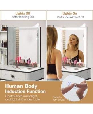 2Pc MDF And Stell Lighted Mirror Vanity Makeup Table Set